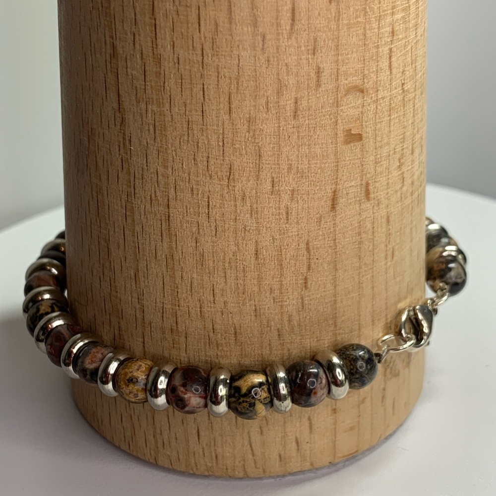 Vintage Sterling Silver & Leopard Jasper 6MM Beaded Bracelet 7-1/2” Long - Picture 8 of 16
